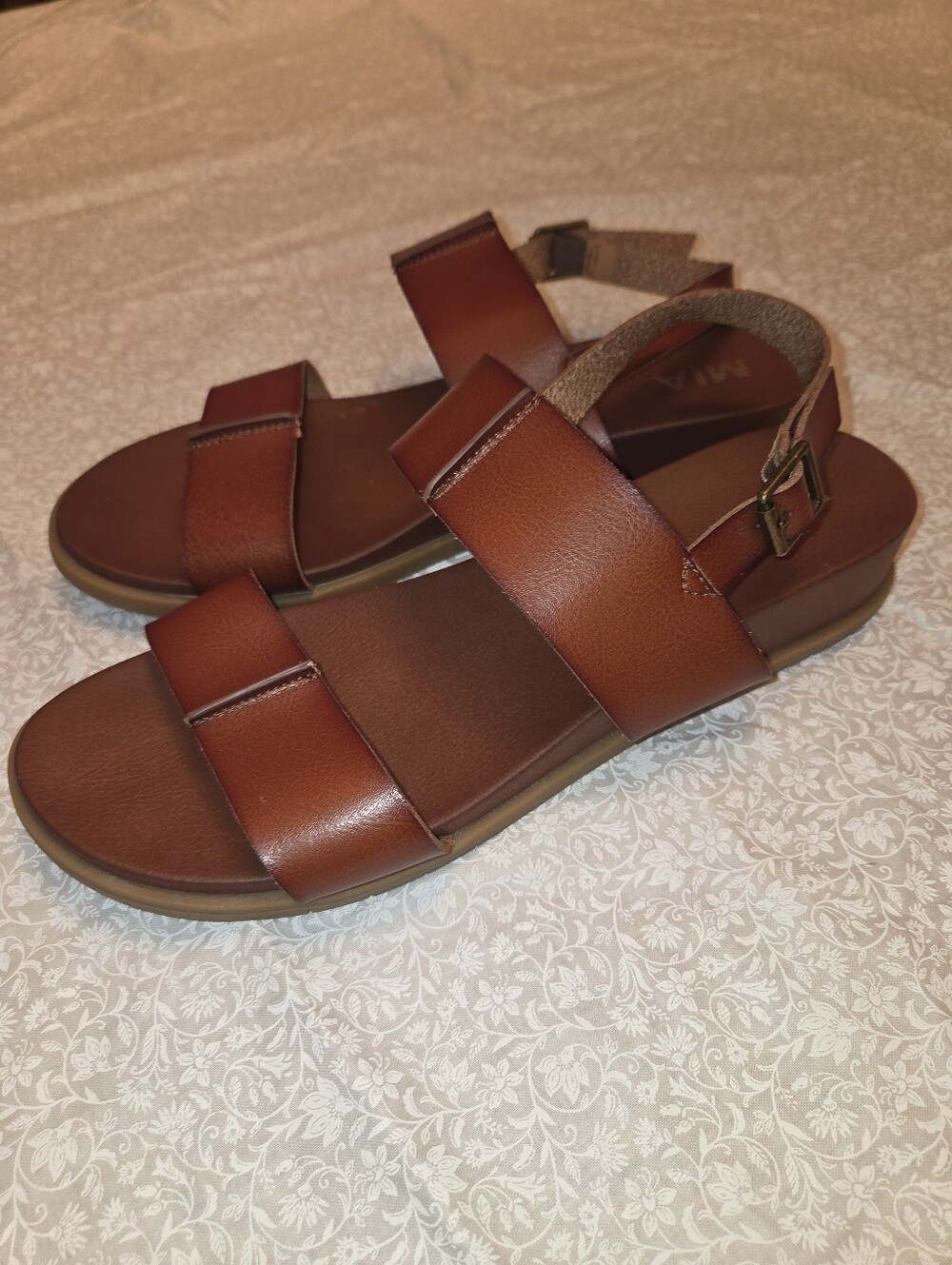 MIA Women's Brown Leather Buckle Strap Sandals